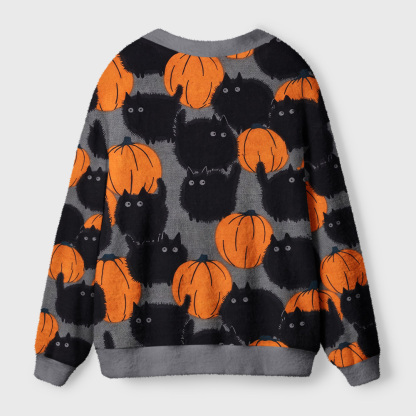Tokyo-Tiger Halloween Black Cat Pumpkin Ugly Cardigan Sweater