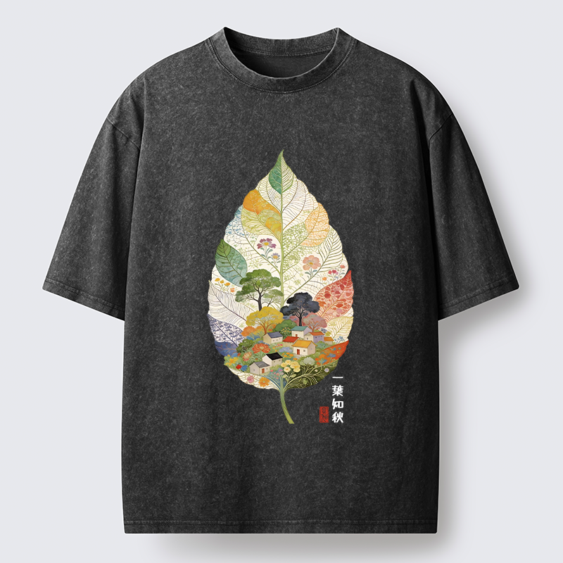 Tokyo-Tiger Autumn Leaf Village Scenery Art Washed T-Shirt