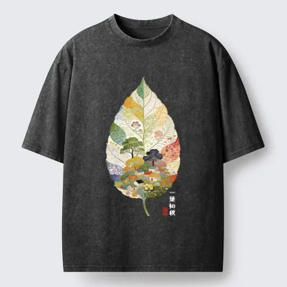 Tokyo-Tiger Autumn Leaf Village Scenery Art Washed T-Shirt