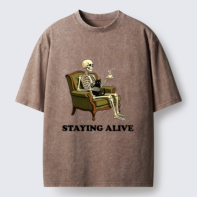 Tokyo‑Tiger Skeleton Coffee Cat Washed T‑Shirt