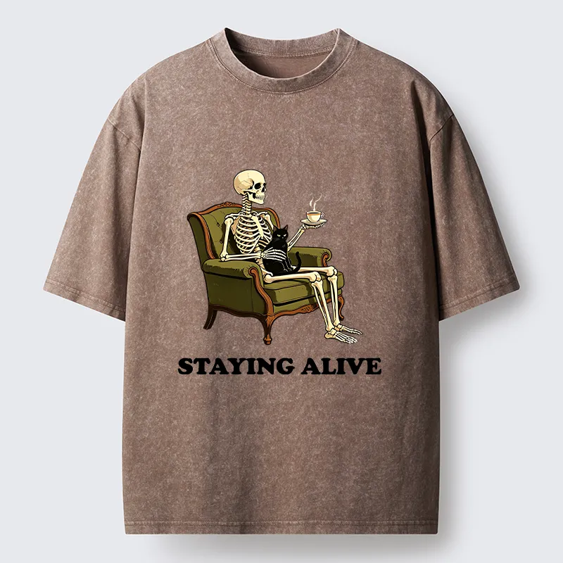 Tokyo‑Tiger Skeleton Coffee Cat Washed T‑Shirt