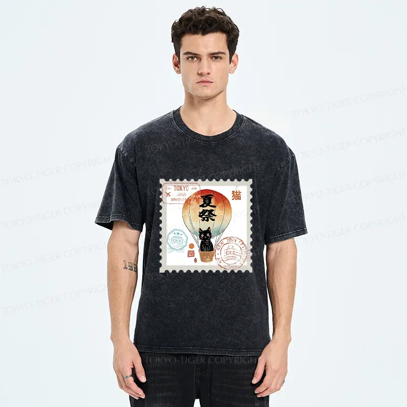 Tokyo-Tiger Japanese Cat Stamp Washed T-Shirt