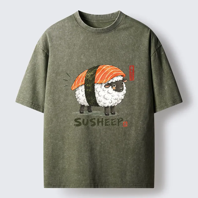 Tokyo-Tiger Cute Sushi Sheep Washed T-Shirt