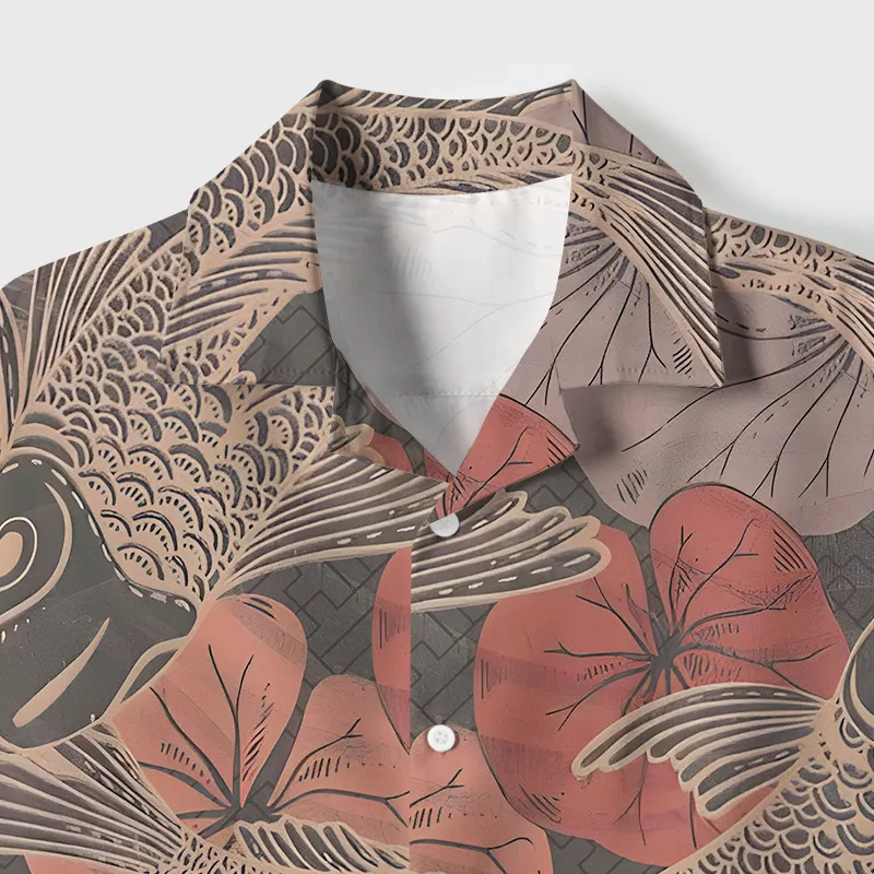 Tokyo-Tiger Swimming Koi Cuban Collar Shirt