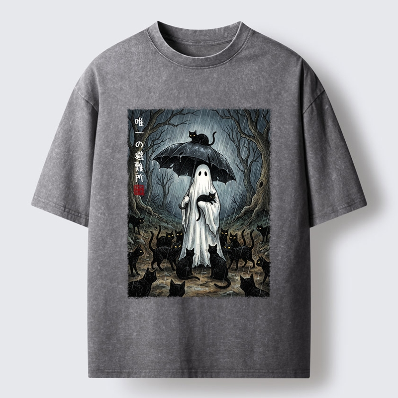 Tokyo‑Tiger Ghost Cat Shelter Washed T‑Shirt
