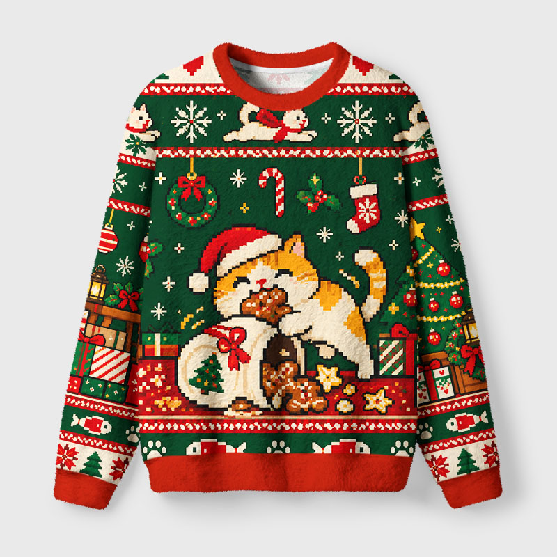 Tokyo-Tiger Funny Pixel Cat Meme Fuzzy Christmas Ugly Sweatshirt