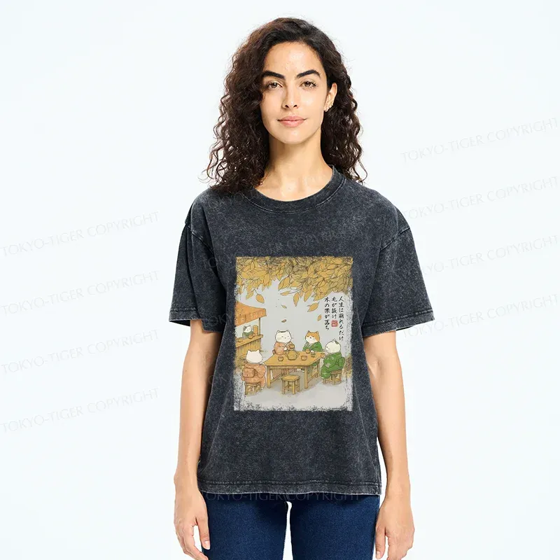 Tokyo-Tiger Cats Drinking Tea Under The Tree Washed T-Shirt