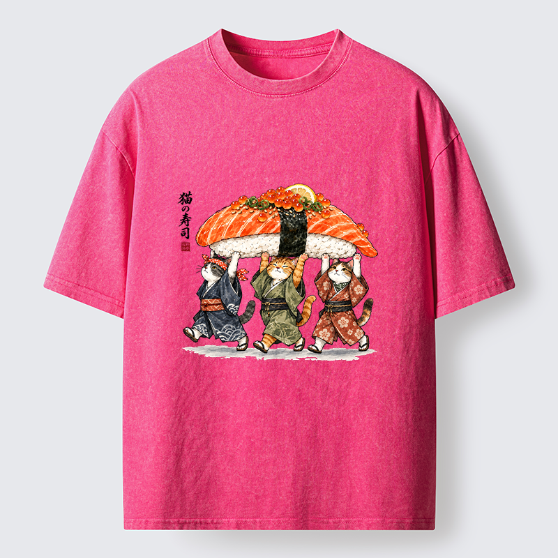 Tokyo-Tiger Funny Sushi Cat Crew Washed T-Shirt