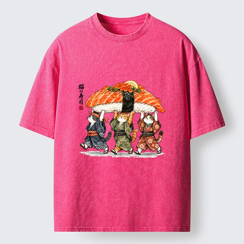Tokyo-Tiger Funny Sushi Cat Crew Washed T-Shirt