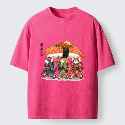 Tokyo-Tiger Funny Sushi Cat Crew Washed T-Shirt