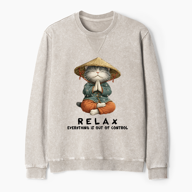 Tokyo-Tiger Zen Relax Cat Graphic Washed Terry Sweatshirt