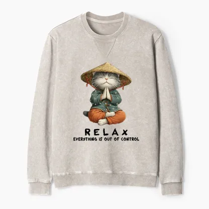 Tokyo-Tiger Zen Relax Cat Graphic Washed Terry Sweatshirt