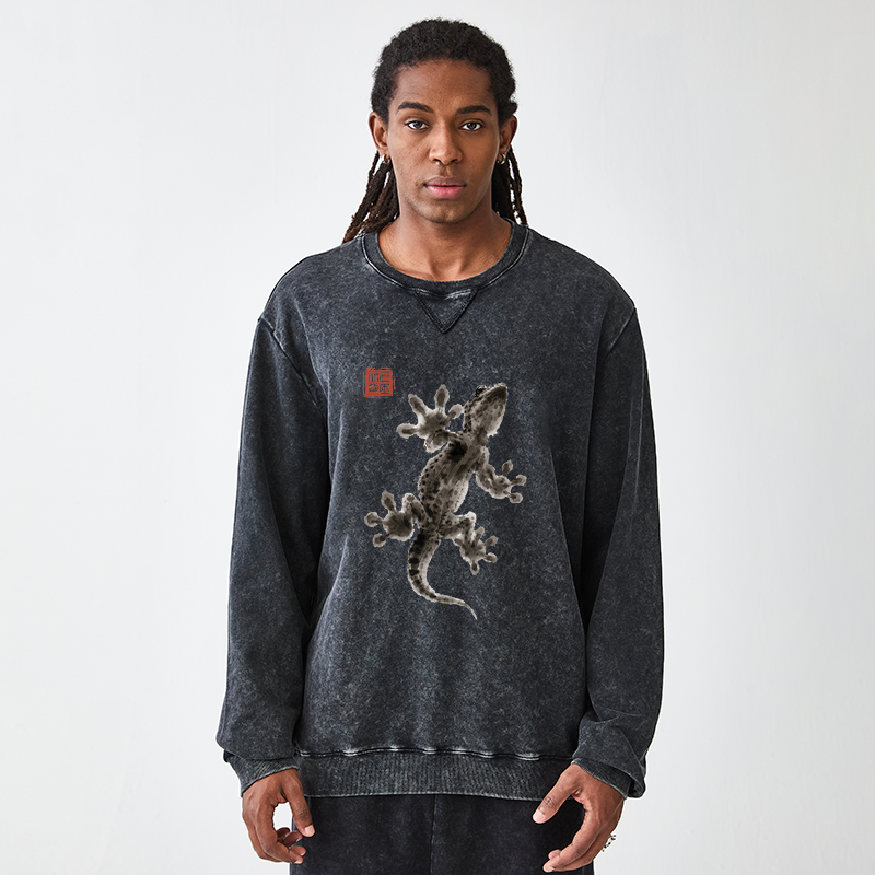 Tokyo-Tiger Minimal Asian Ink Brush Gecko Vibe Washed Terry Sweatshirt