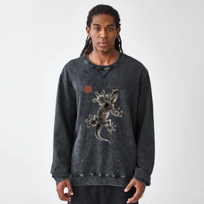 Tokyo-Tiger Minimal Asian Ink Brush Gecko Vibe Washed Terry Sweatshirt