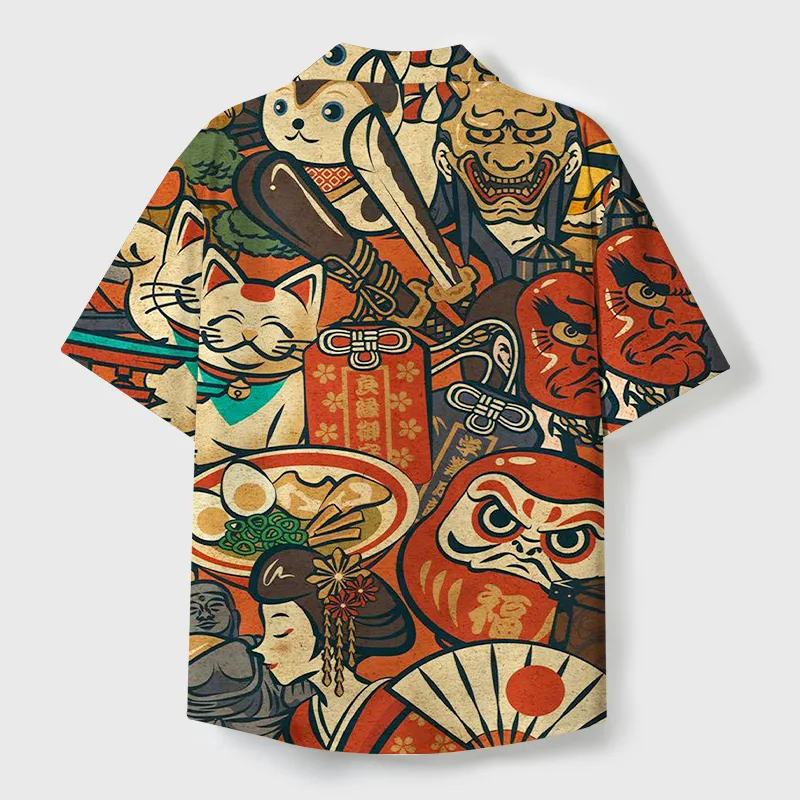 Tokyo-Tiger Japanese Traditional Elements Cuban Collar Shirt