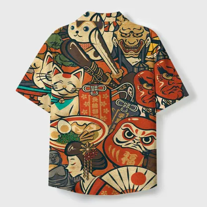Tokyo-Tiger Japanese Traditional Elements Cuban Collar Shirt