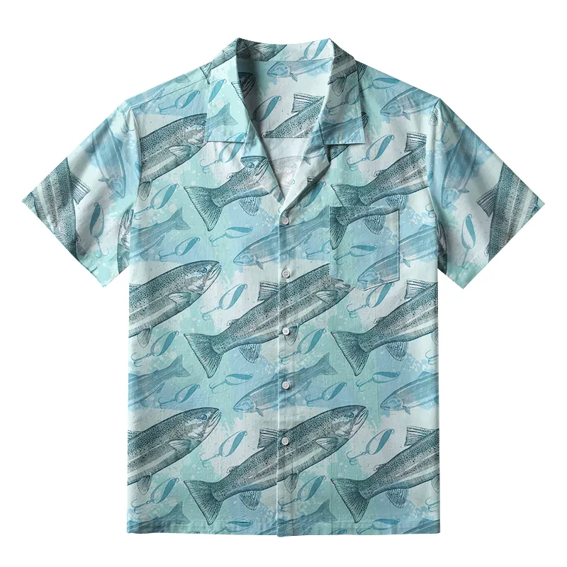 Tokyo-Tiger Swimming Fish And Fishhook Aloha Hawaiian Shirt