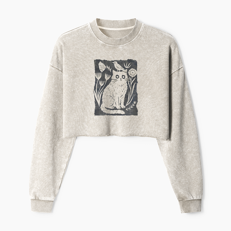 Tokyo-Tiger Folk Paper Cut Cat Bird Floral Art Washed Crop Sweatshirt