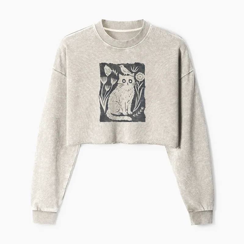 Tokyo-Tiger Folk Paper Cut Cat Bird Floral Art Washed Crop Sweatshirt
