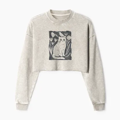 Tokyo-Tiger Folk Paper Cut Cat Bird Floral Art Washed Crop Sweatshirt