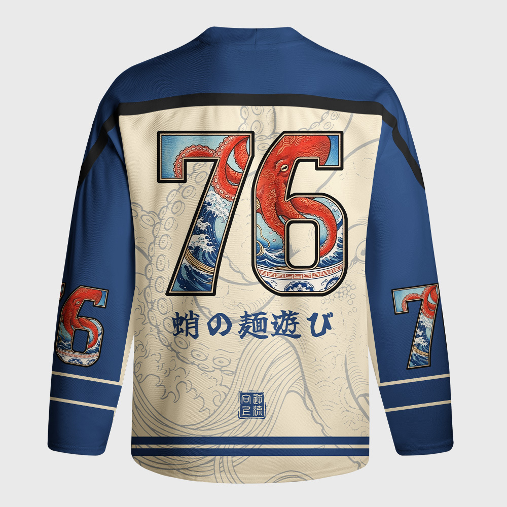 Tokyo-Tiger Octopus Ramen Kanagawa Waves Long-Sleeve Hockey Jersey