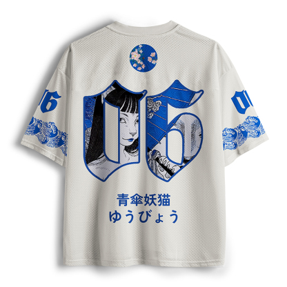 Tokyo-Tiger Yokai Cat Beneath Blue Umbrella Mesh Jersey