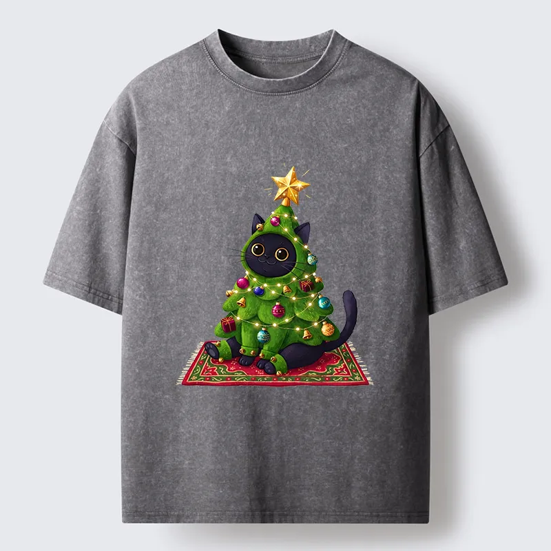 Tokyo-Tiger Cute Christmas Tree Cat Washed T-Shirt