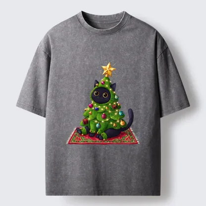 Tokyo-Tiger Cute Christmas Tree Cat Washed T-Shirt