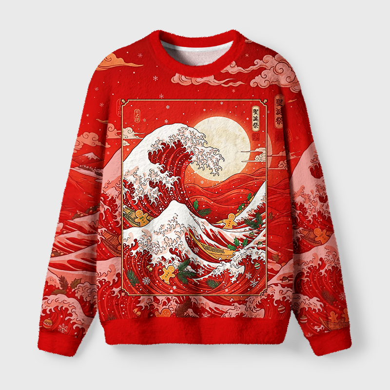 Tokyo-Tiger Gingerbread Surfing Christmas Wave Art Fuzzy Christmas Ugly Sweatshirt