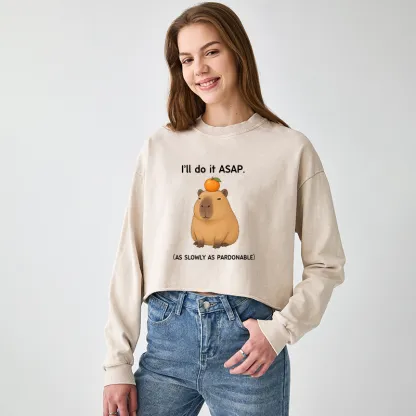 Tokyo-Tiger Slow Task Capybara Meme Washed Crop Sweatshirt