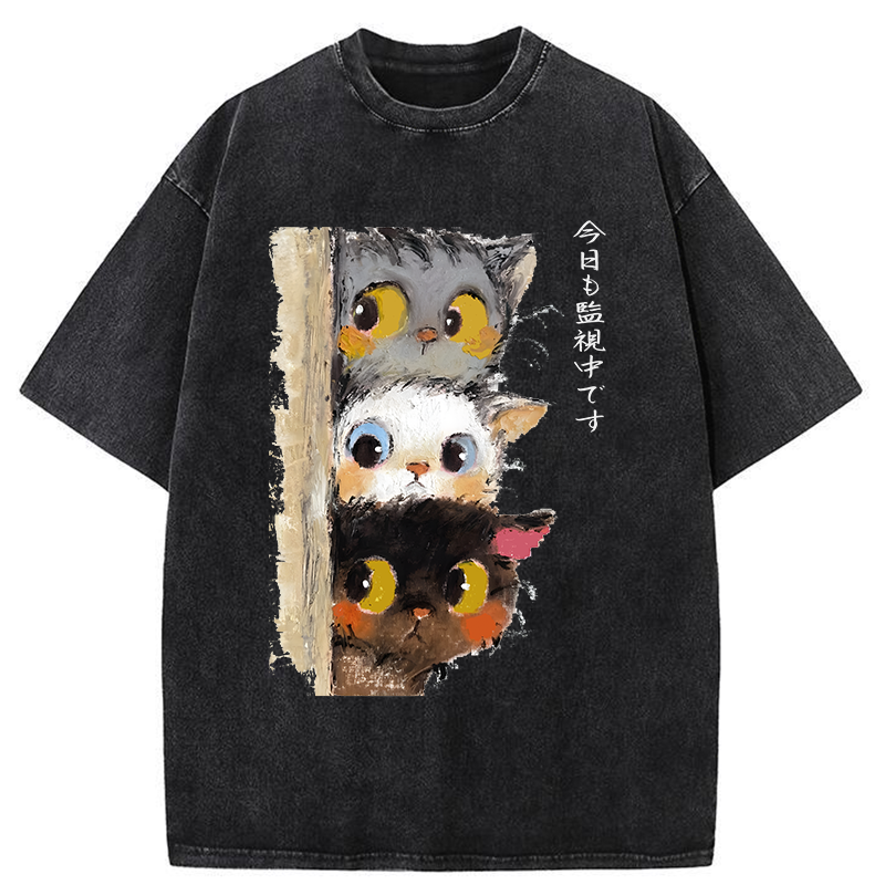 Tokyo-Tiger Three Cats Secretly Monitor Their Owner Washed T-Shirt