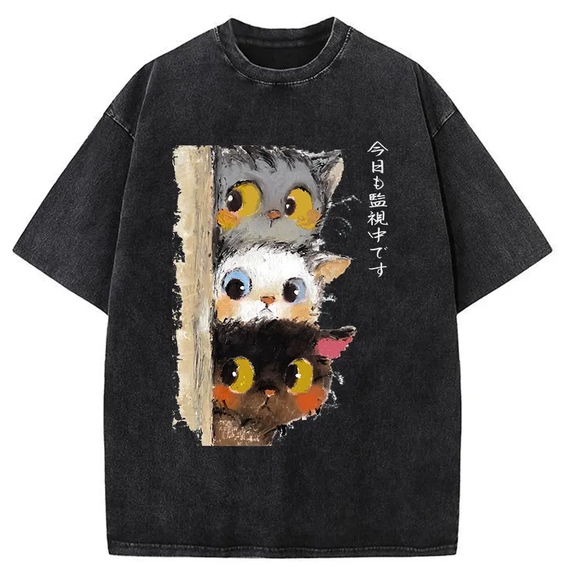Tokyo-Tiger Three Cats Secretly Monitor Their Owner Washed T-Shirt