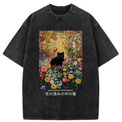 Tokyo-Tiger Black Cat In The Flower Bushes Washed T-Shirt