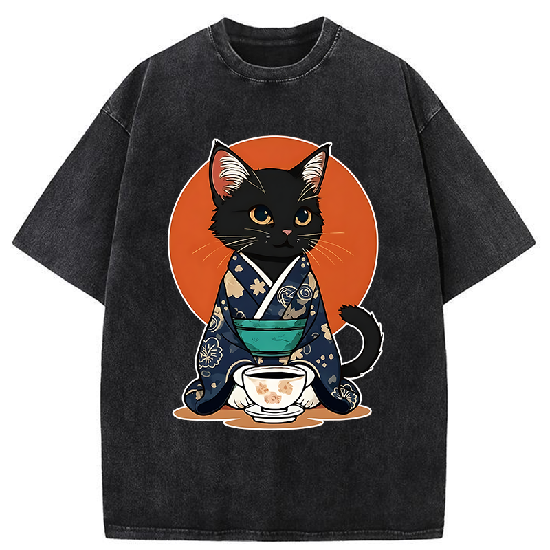 Tokyo-Tiger A Black Cat Wearing A Kimono Washed T-Shirt