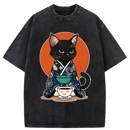 Tokyo-Tiger A Black Cat Wearing A Kimono Washed T-Shirt