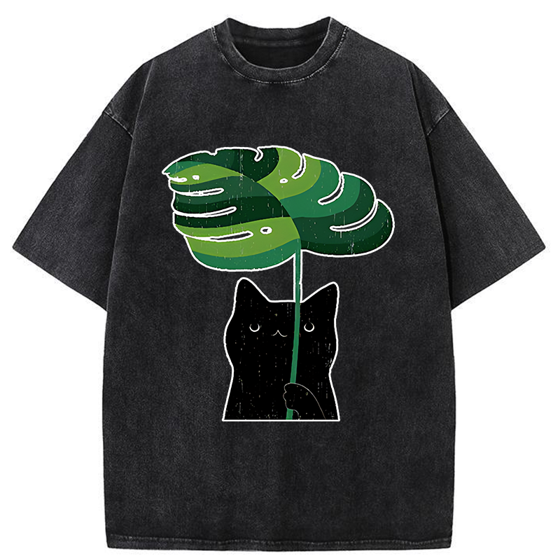 Tokyo-Tiger Monstera Deliciosa And Cat Washed T-Shirt