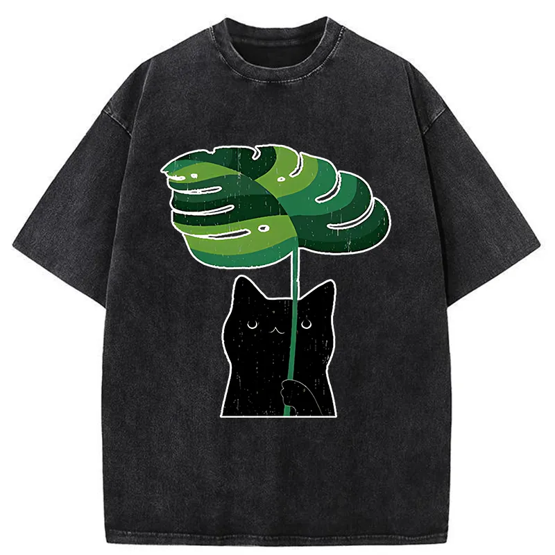 Tokyo-Tiger Monstera Deliciosa And Cat Washed T-Shirt