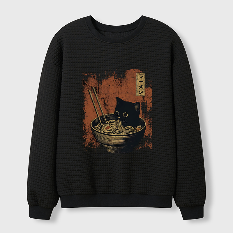 Tokyo-Tiger Retro Cat Eating Japan Ramen Waffle Sweatshirt