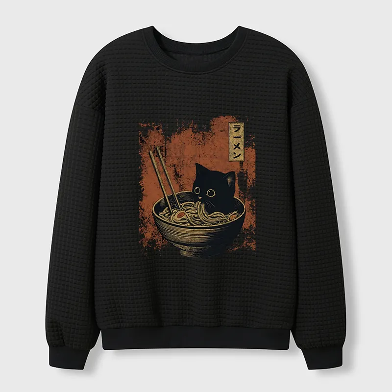 Tokyo-Tiger Retro Cat Eating Japan Ramen Waffle Sweatshirt