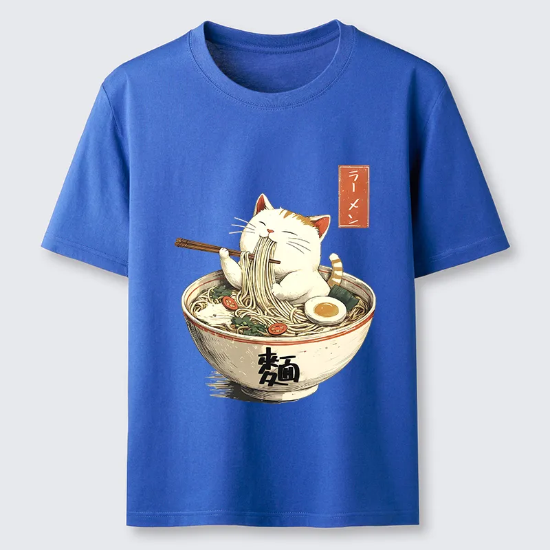 Tokyo-Tiger White Cat Eating Ramen Japan Classic T-Shirt