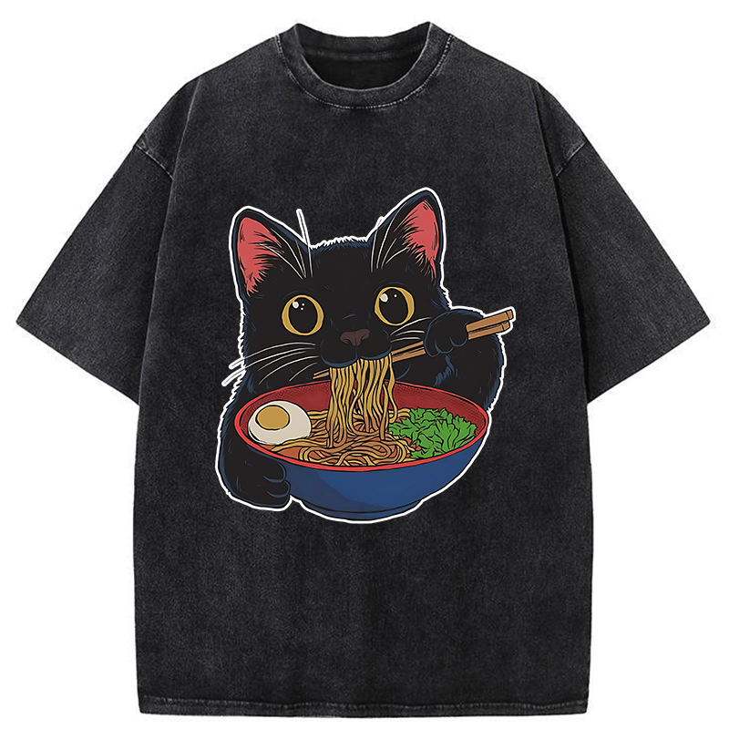 Tokyo-Tiger Black Cat Ate Japan Ramen Washed T-Shirt