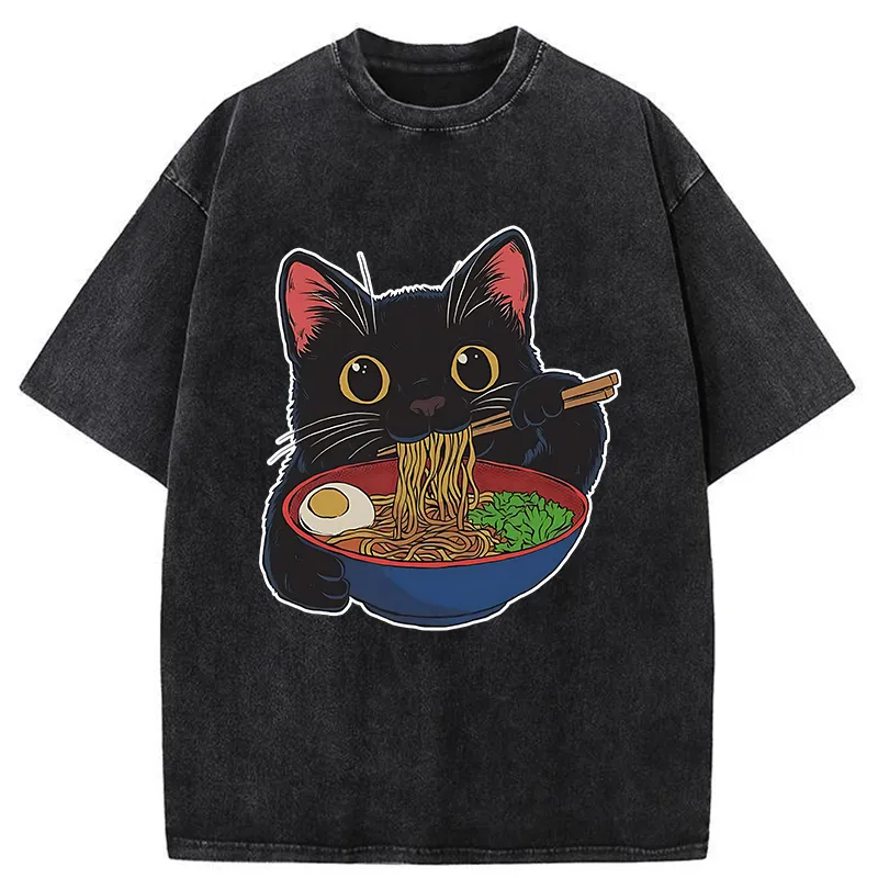 Tokyo-Tiger Black Cat Ate Japan Ramen Washed T-Shirt
