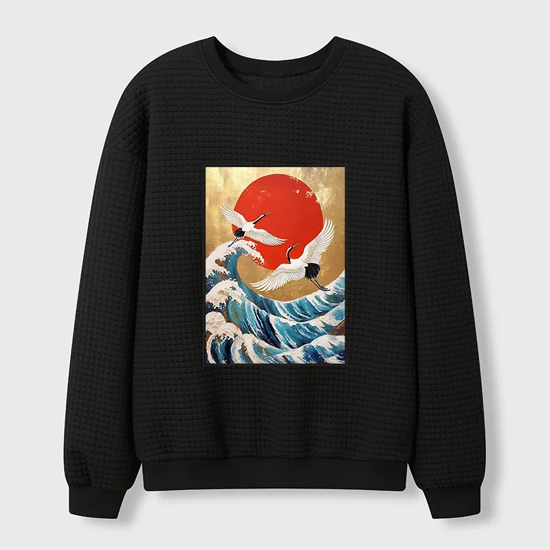 Tokyo-Tiger Cranes And Waves Ukiyo-e Waffle Sweatshirt
