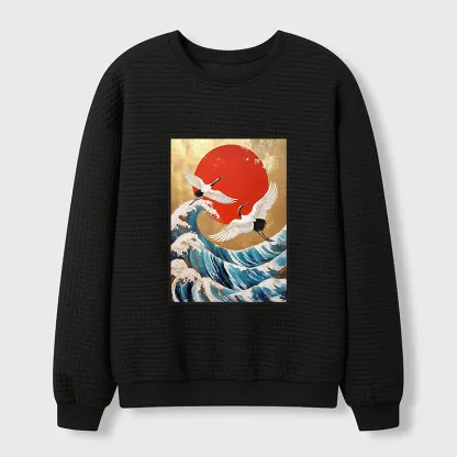 Tokyo-Tiger Cranes And Waves Ukiyo-e Waffle Sweatshirt