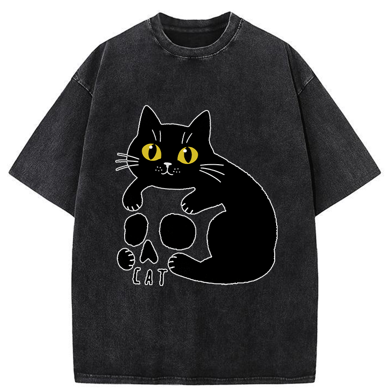 Tokyo-Tiger Cat And Skull Washed T-Shirt