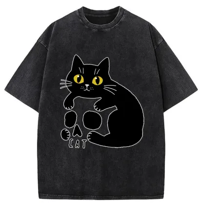 Tokyo-Tiger Cat And Skull Washed T-Shirt