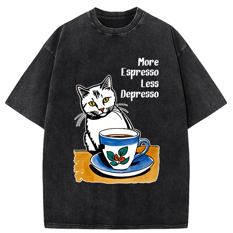 Tokyo-Tiger Cute Cat Drinking Coffee Washed T-Shirt