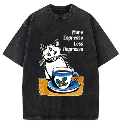 Tokyo-Tiger Cute Cat Drinking Coffee Washed T-Shirt