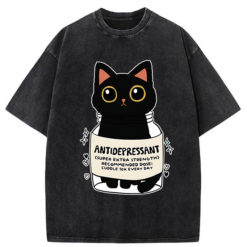 Tokyo-Tiger Antidepressant Black Cat Washed T-Shirt