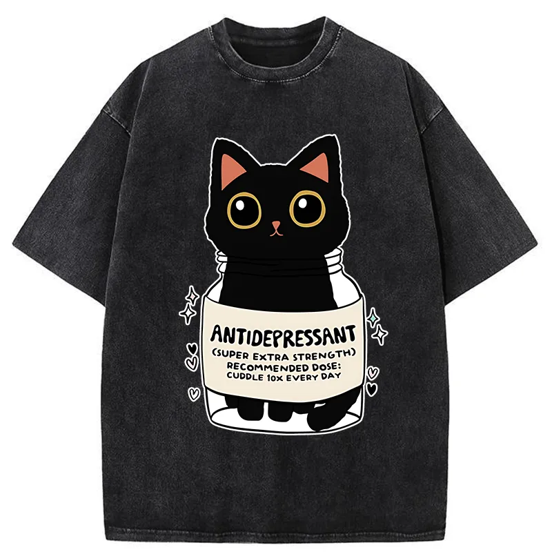 Tokyo-Tiger Antidepressant Black Cat Washed T-Shirt